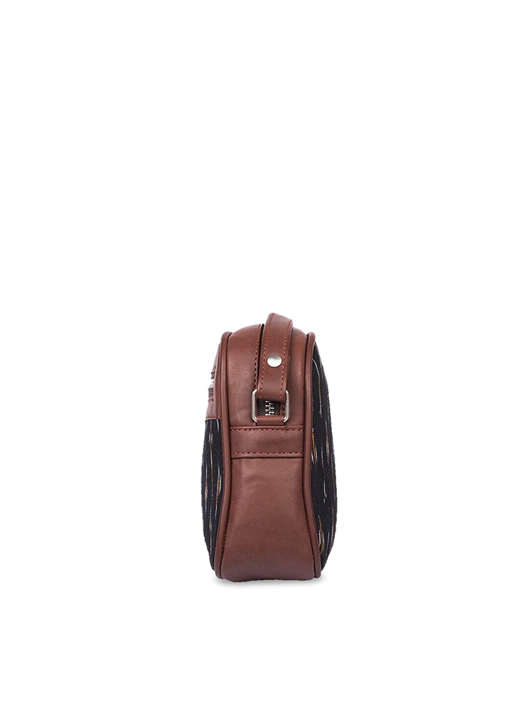 ZOUK Black & Orange Ikkat Woven Design Handcrafted Vegan Leather Sustainable Sling Bag