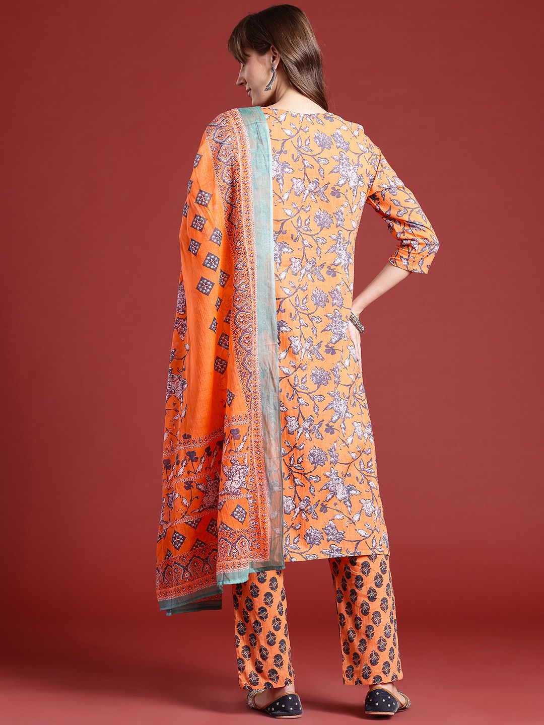 Anouk Floral Printed Pure Cotton Kurta dengan Seluar & Dupatta