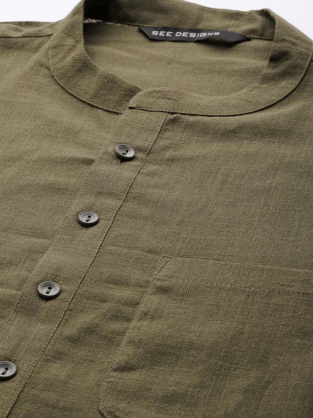 See Designs Olive Green Thread Work A-Line Kurta