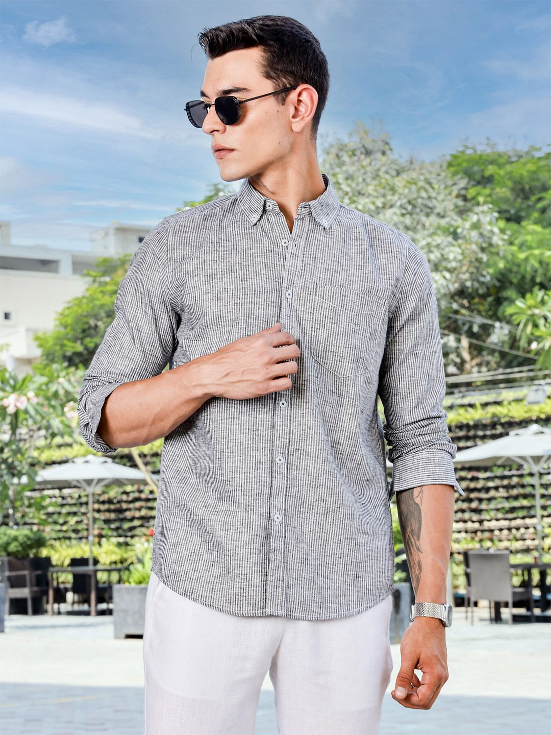 Thomas Scott Men Premium Fit Button-Down Collar Pinstripes Striped Linen Casual Shirt