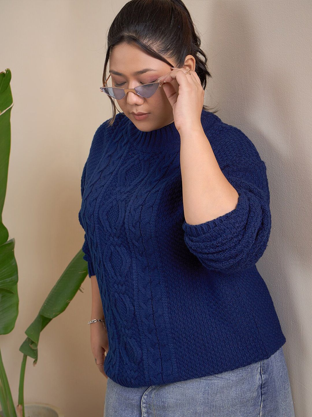 CURVY STREET Cable Knit Self Design Pullover Acrylic Sweater