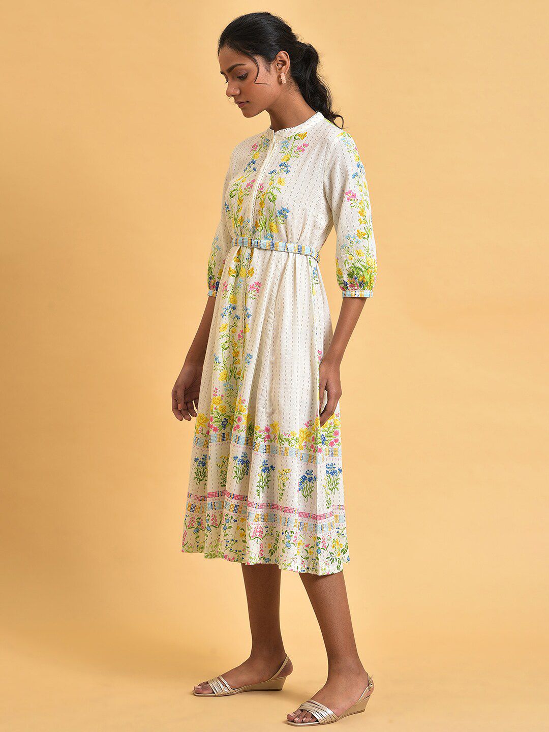 W Plus Size Floral Printed Shirt Style Midi Ethnic Dress