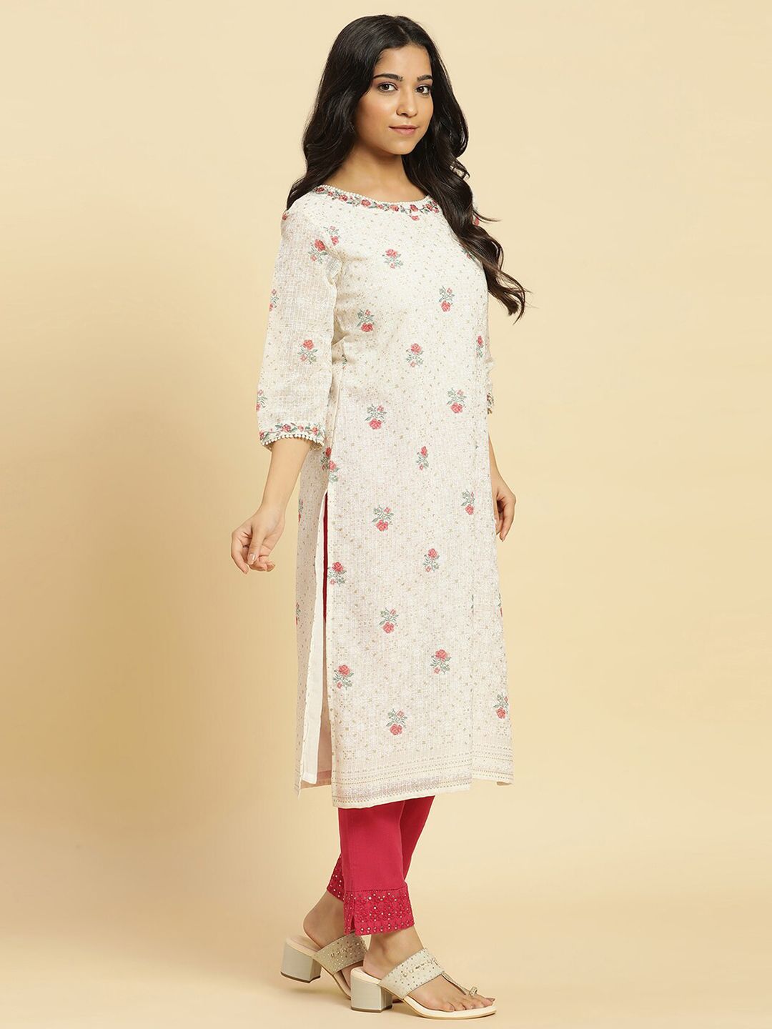 W Off White & Red Floral Printed Thread Work Boat Neck A-Line Kurta