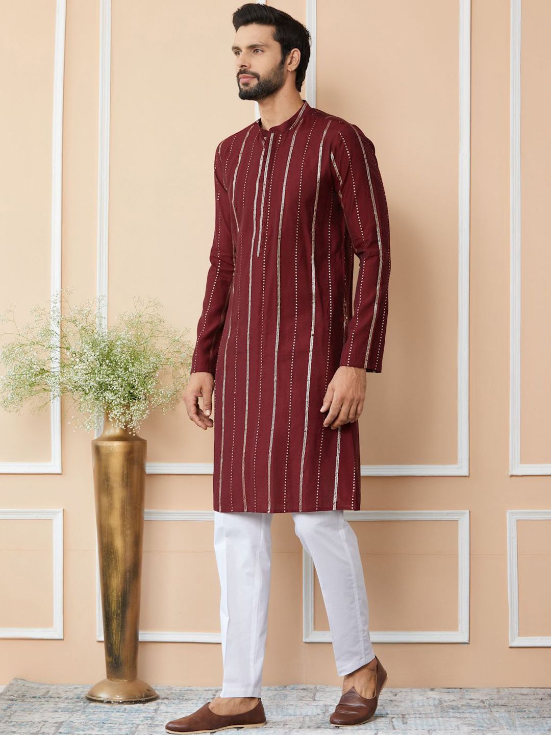 See Designs Striped Mandarin Collar Thread Work Straight Kurta With Trousers
