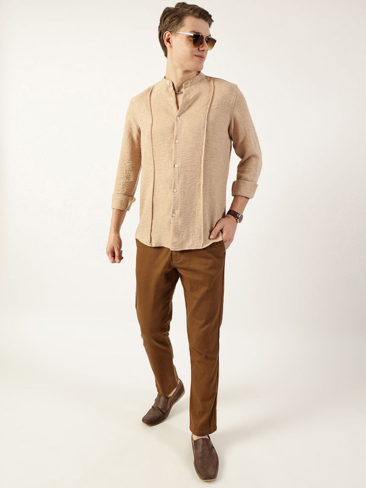 Thomas Scott Men Premium Mandarin Collar Textured Solid Slim Fit Casual Shirt