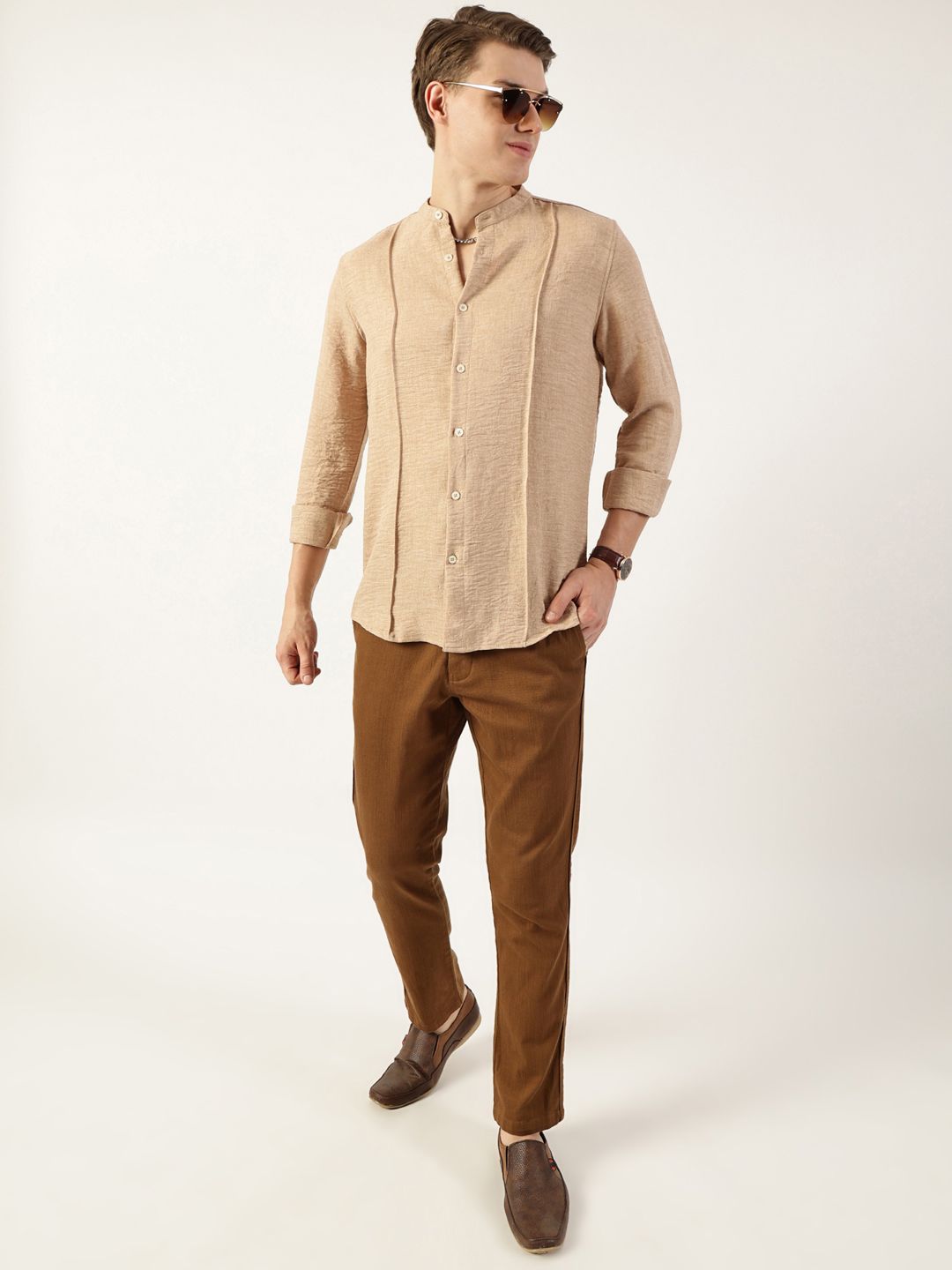 Thomas Scott Men Premium Mandarin Collar Textured Solid Slim Fit Casual Shirt