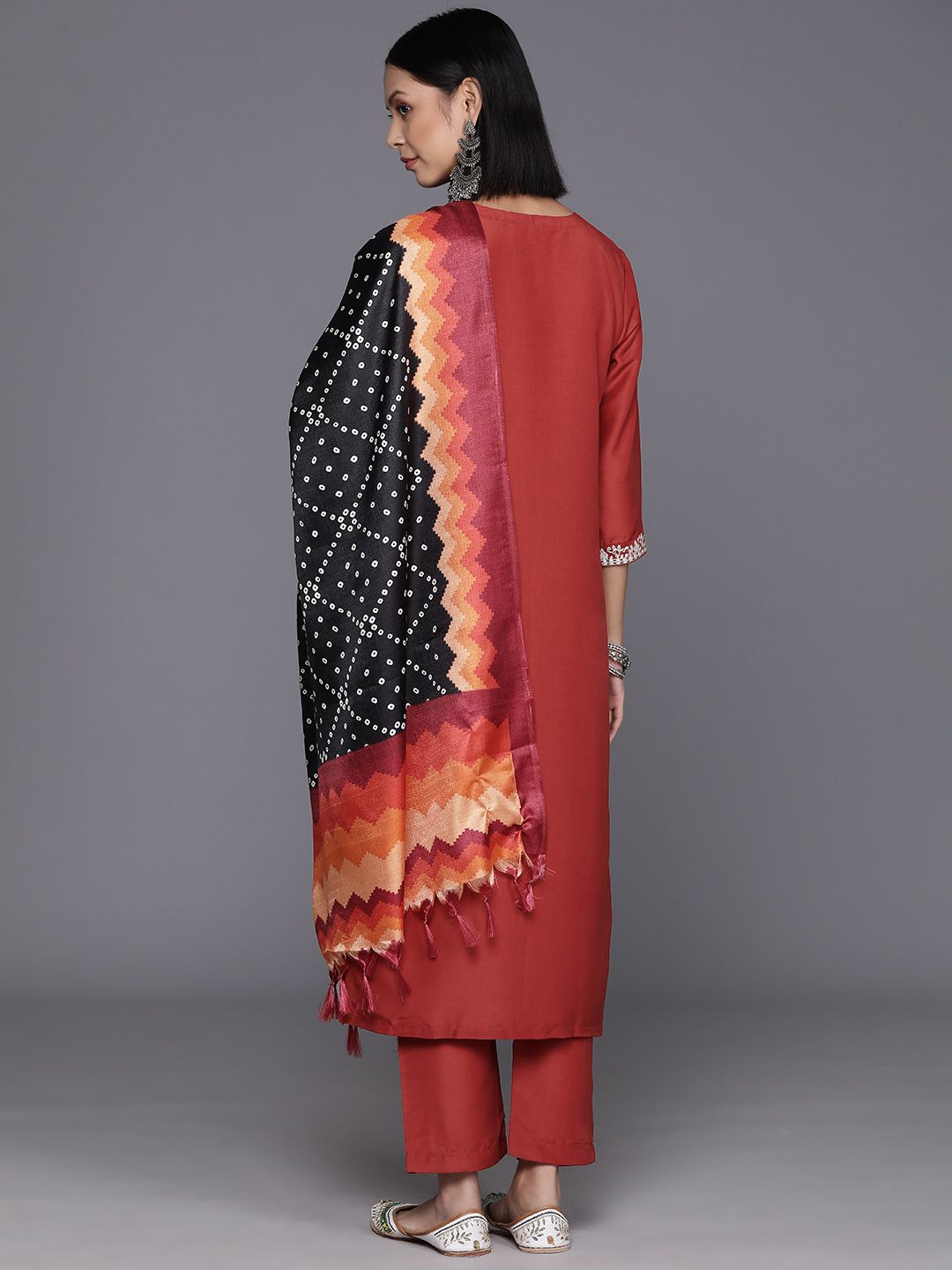 Varanga Women Rust Yoke Design Zari Kurta with Trousers & Dupatta
