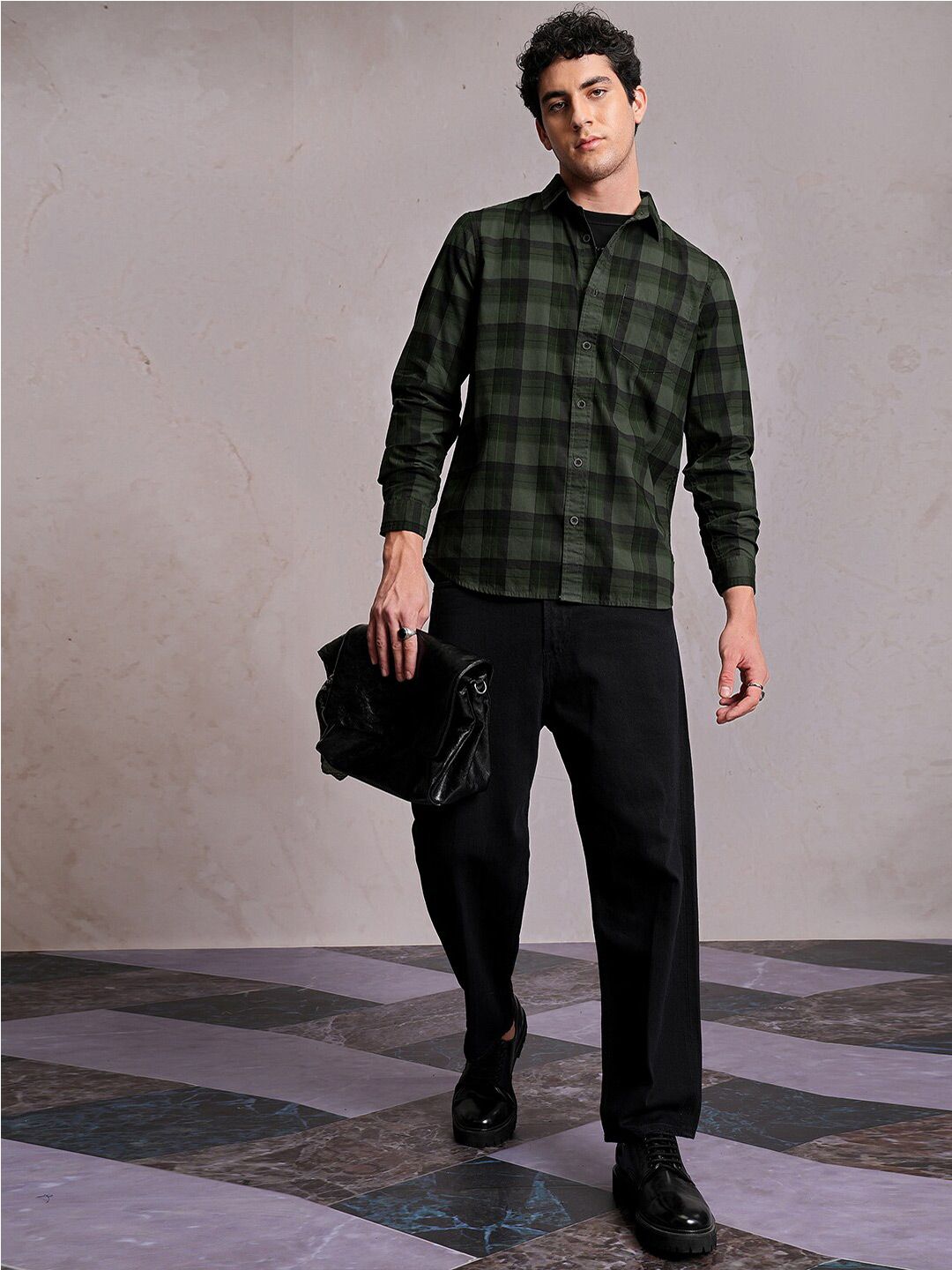 Locomotive Men Green Checked Regular Shirt