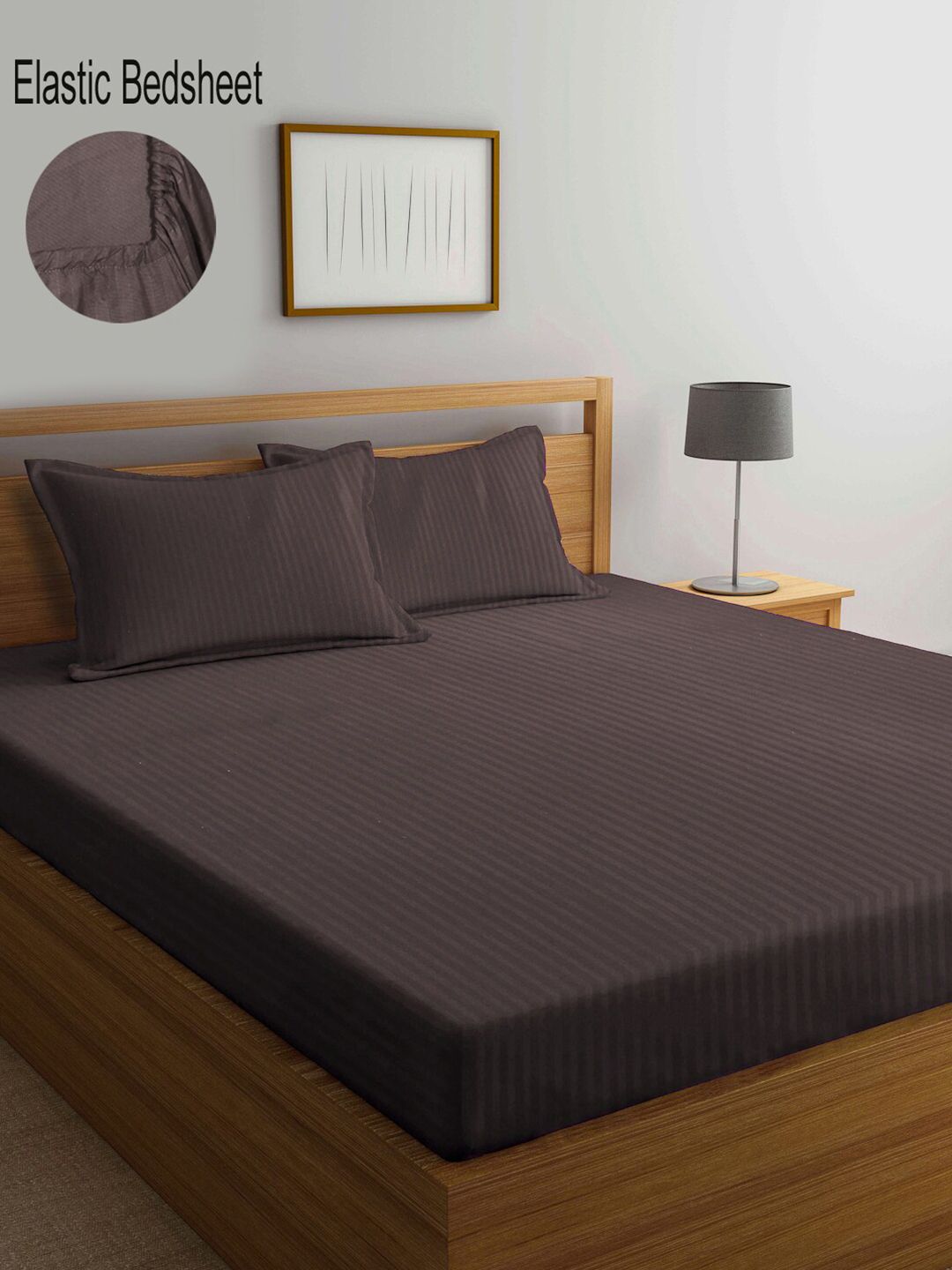 KLOTTHE Brown Striped Cotton 300 TC Fitted Super King Fine Bedsheet with 2 Pillow Covers-270 x 270 cm