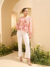 Antheaa Floral Printed Ruffles Detail Chiffon Peplum Top