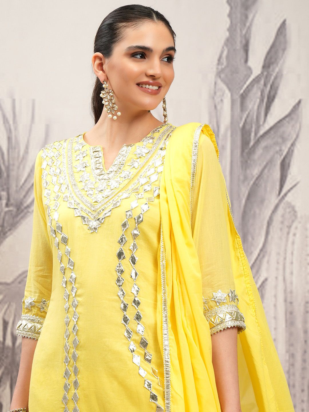 Vishudh Yellow Embroidered Pure Cotton Gotta Patti A-Line Kurta With Trousers & Dupatta