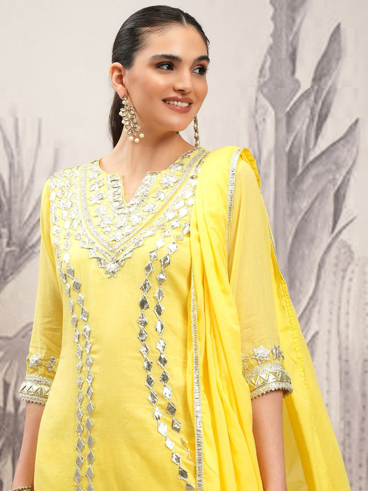 Vishudh Yellow Embroidered Pure Cotton Gotta Patti A-Line Kurta With Trousers & Dupatta