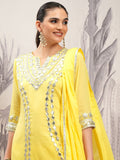 Vishudh Yellow Embroidered Pure Cotton Gotta Patti A-Line Kurta With Trousers & Dupatta