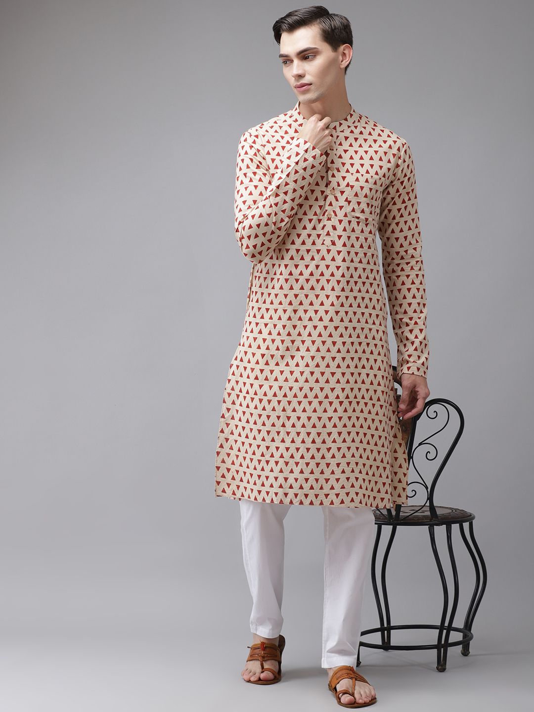 See Designs Men Beige Printed Regular Pure Cotton Kurta with Pyjamas