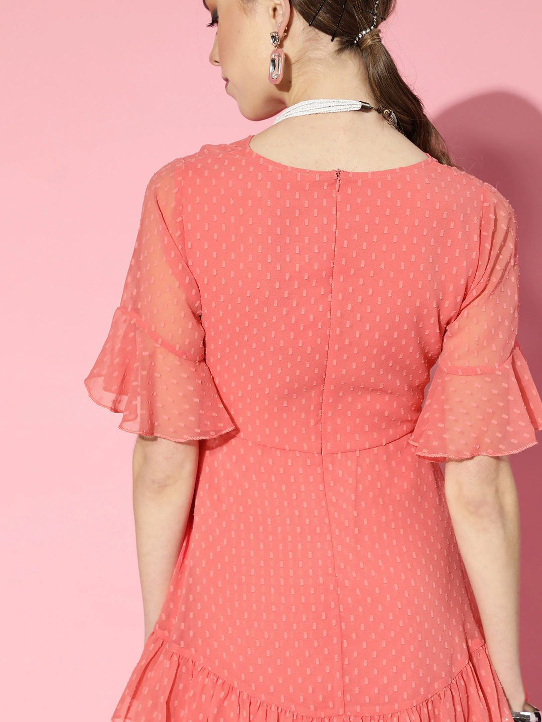 Berrylush Pink Self Design Ruffle Detail Dress