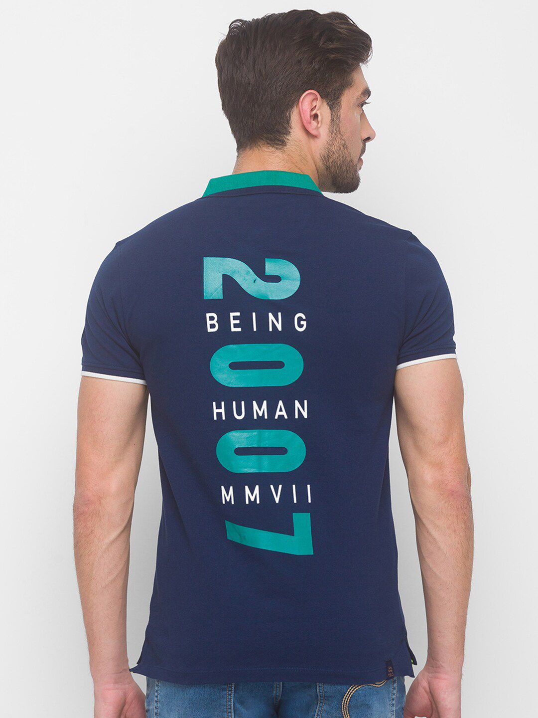 Being Human Men Navy Blue Typography Polo Collar T-shirt