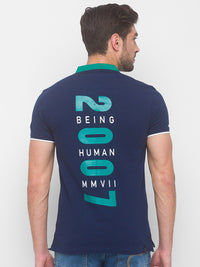 Being Human Men Navy Blue Typography Polo Collar T-shirt