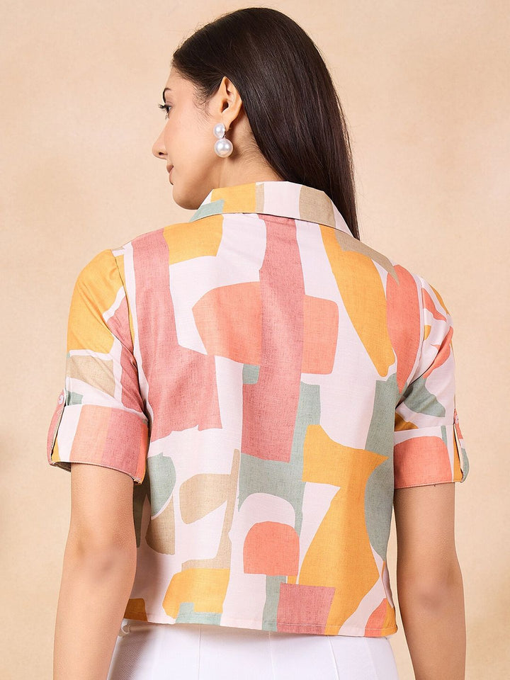 Anouk Geometric Print Roll-Up Sleeves Cotton Shirt Style Top