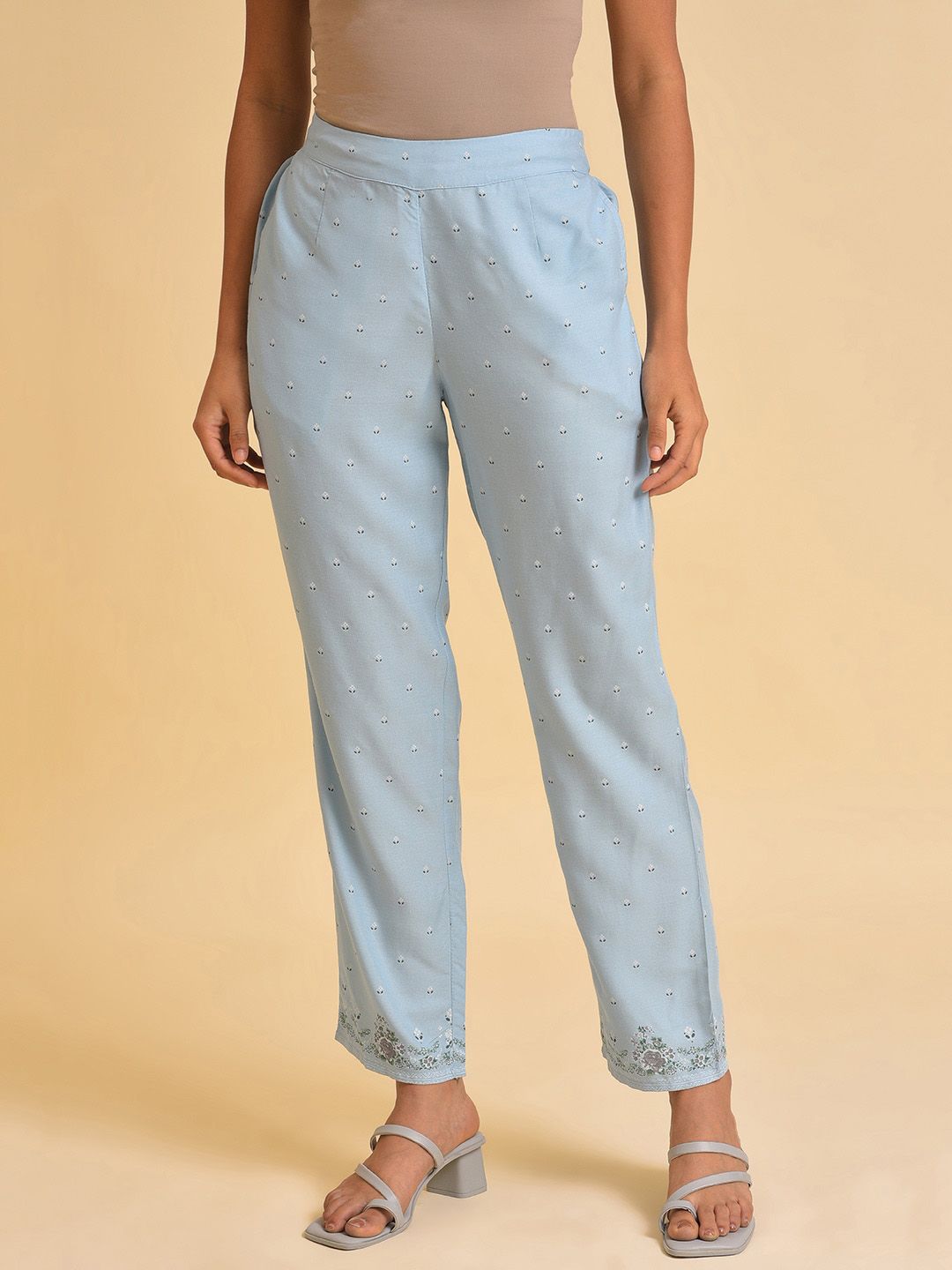W Women Blue Floral Printed Slim Fit Trousers
