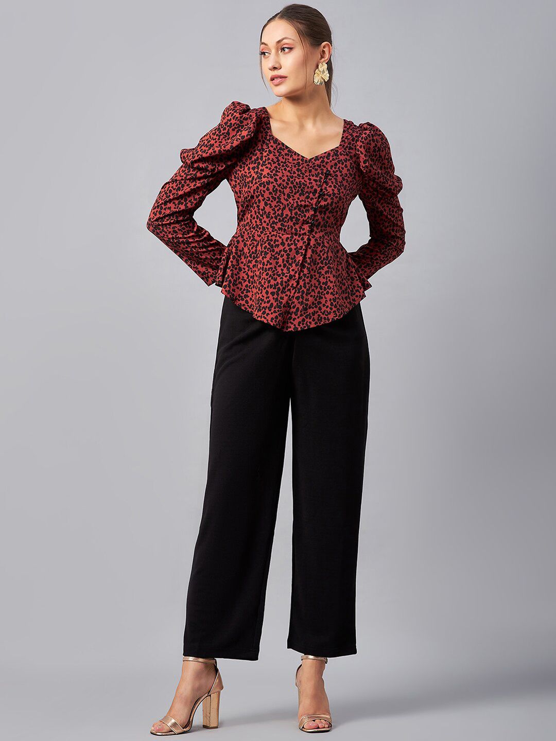 Antheaa Rust Red & Black Animal Printed Sweetheart Neck Top and Trousers