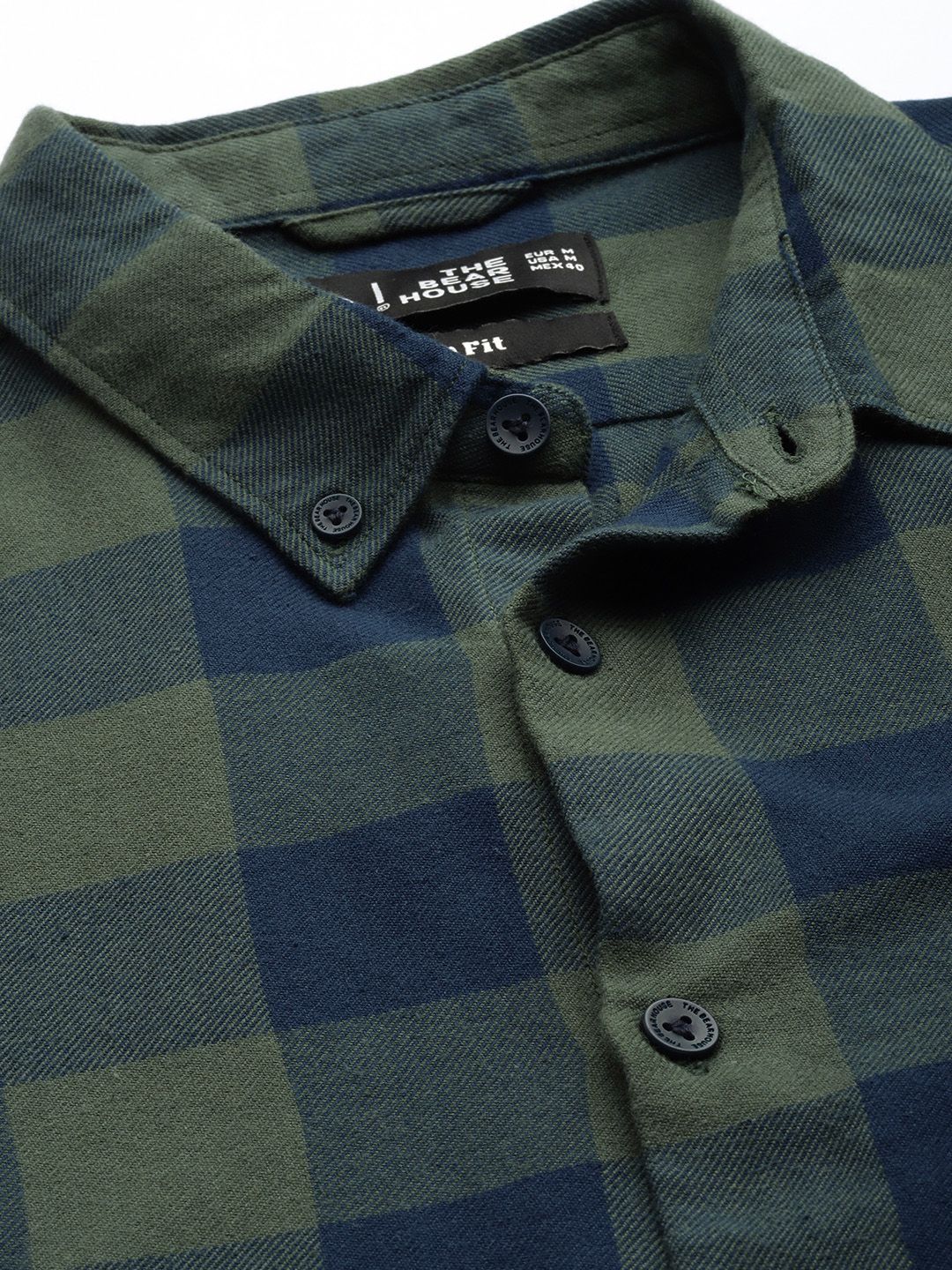 THE BEAR HOUSE Men Olive Green & Navy Blue Pure Cotton Slim Fit Checked Flannel Shirt