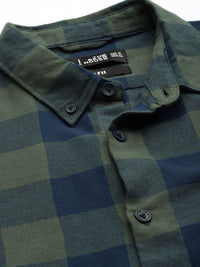 THE BEAR HOUSE Men Olive Green & Navy Blue Pure Cotton Slim Fit Checked Flannel Shirt