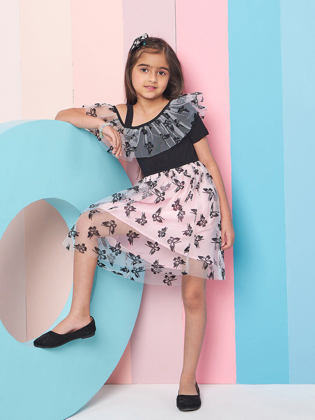 pspeaches Girls Floral Print Cold-Shoulder Woollen Net Fit & Flare Dress