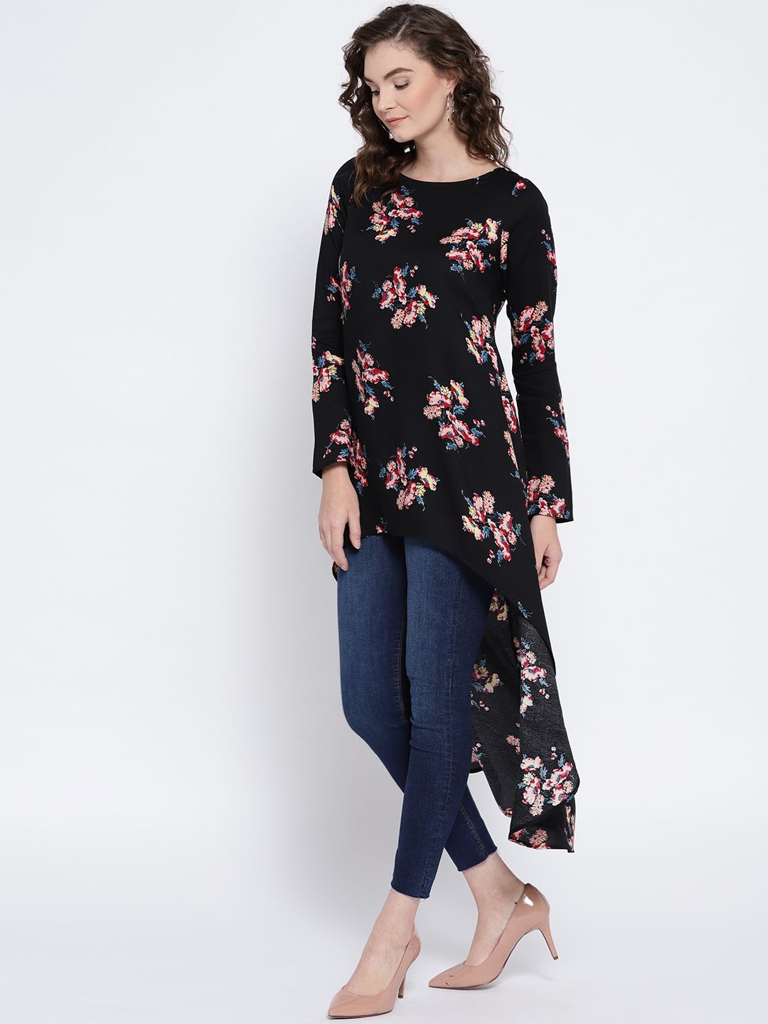 Berrylush Black Floral High-Low Trapeze Top