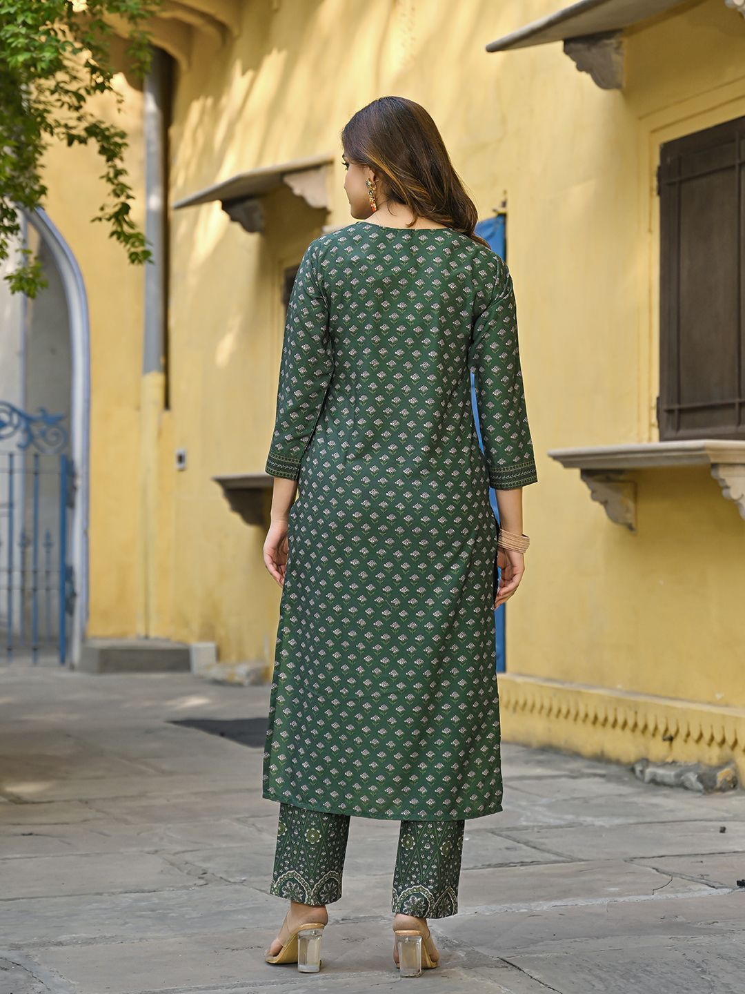 KALINI Floral Printed V-Neck Straight Kurta With Trousers & Dupatta
