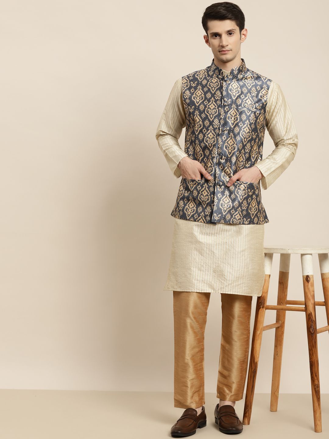 SOJANYA Men Beige Striped Kurta with Pyjamas & Nehru Jacket