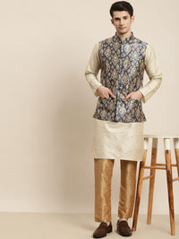 SOJANYA Men Beige Striped Kurta with Pyjamas & Nehru Jacket