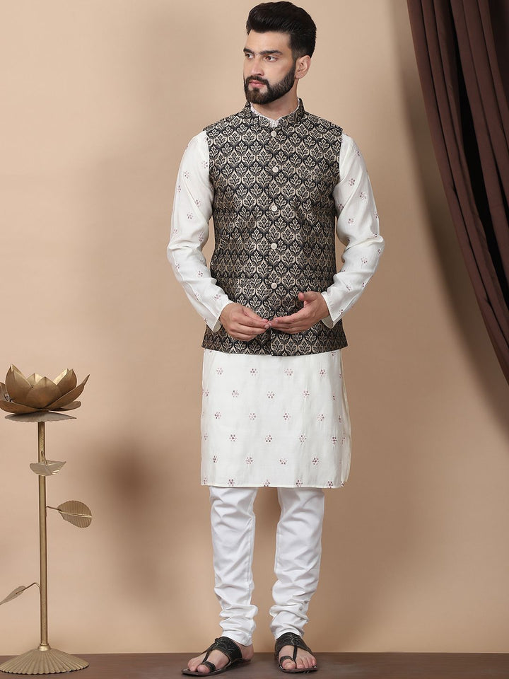 Anouk Cream-Coloured Floral Embroidered Cotton Silk Kurta with Churidar & Nehru Jacket