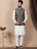 Anouk Cream-Coloured Floral Embroidered Cotton Silk Kurta with Churidar & Nehru Jacket