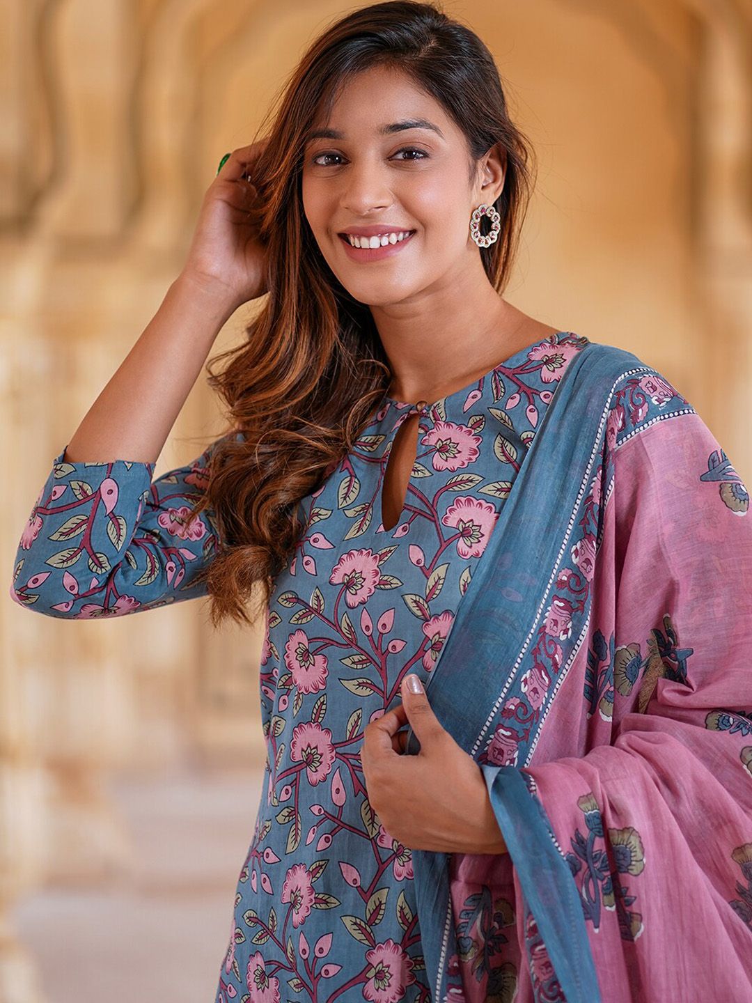 KALINI Floral Printed Regular Pure Cotton Kurta with Trousers & Dupatta