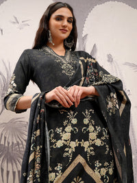 Vishudh Black & Gold Toned Floral Embroidered Straight Kurta with Trousers & With Dupatta