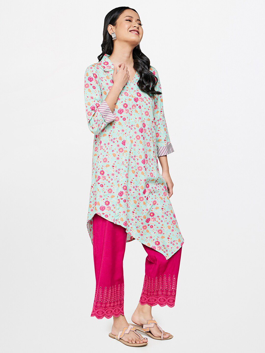 Global Desi Blue & Orange Viscose Rayon Shirt Collar Printed Tunic