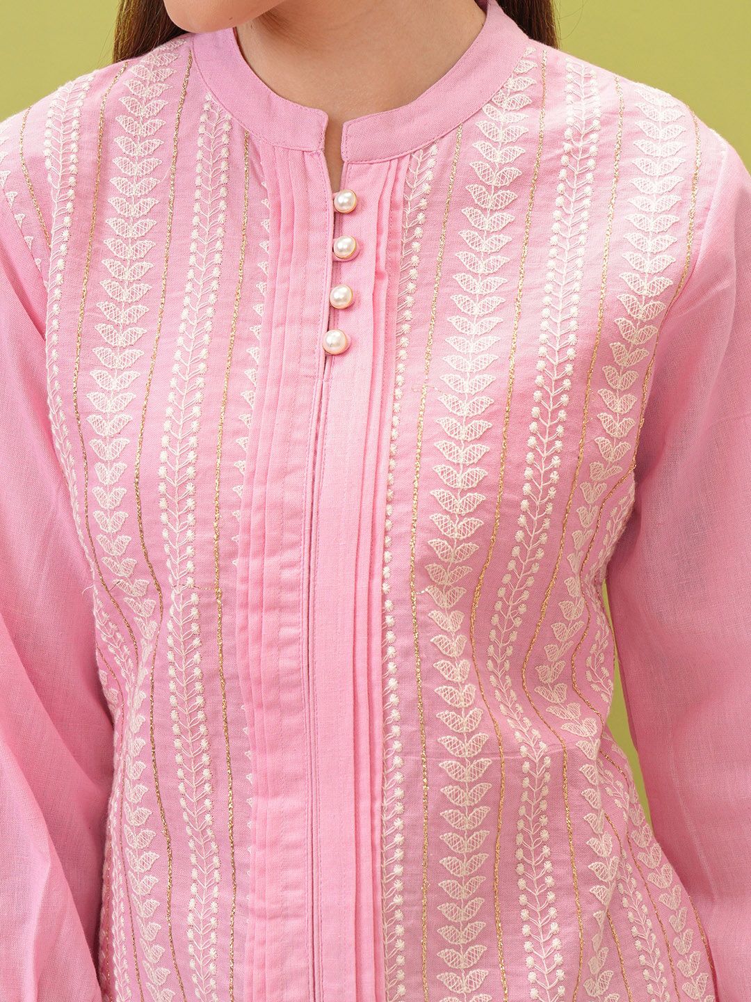 Vishudh Pink Floral Embroidered Mandarin Collar Pure Cotton Straight Kurta With Trousers