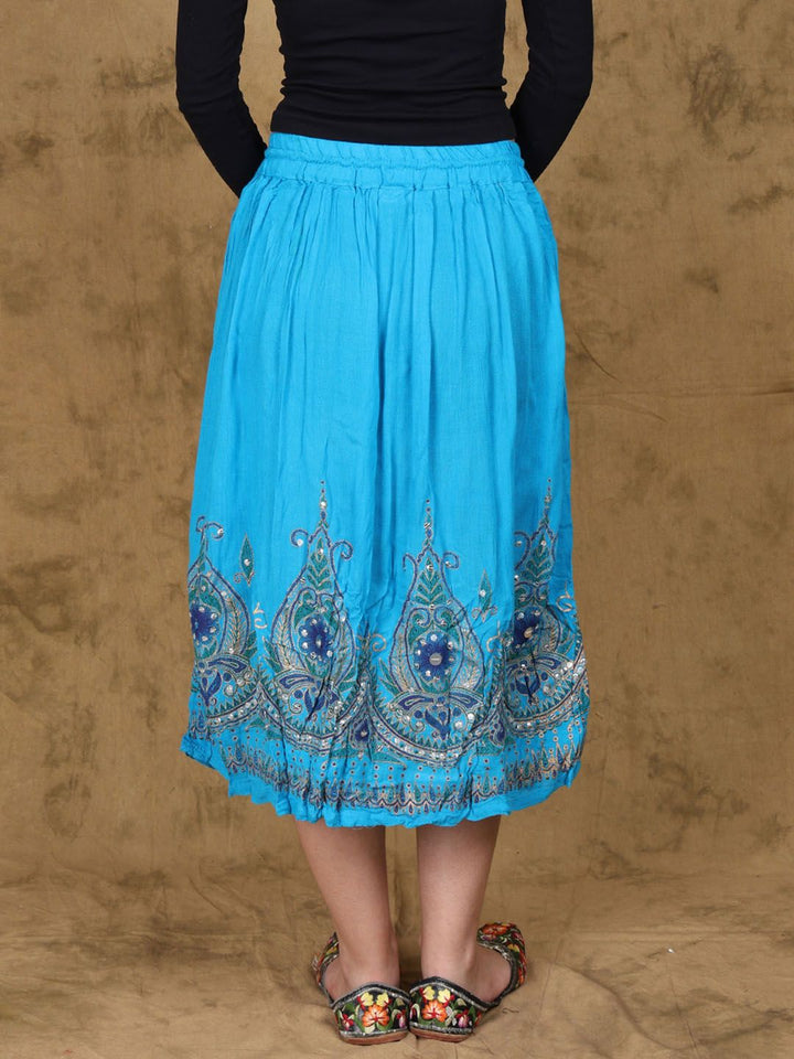 Exotic India Embroidered Flowers Flared Midi Skirt