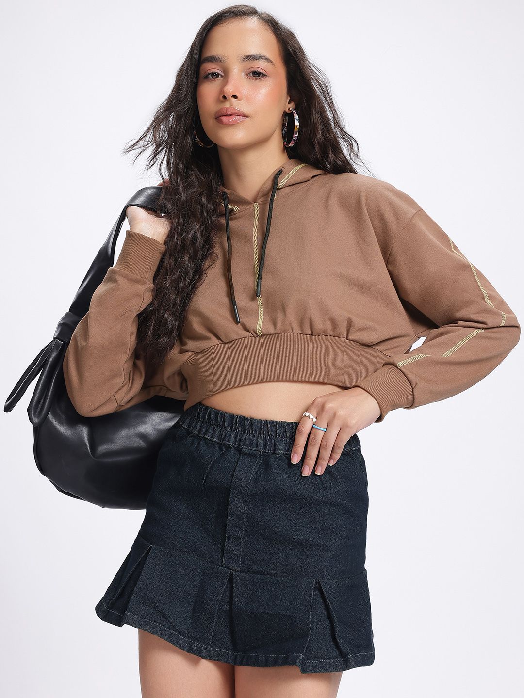 DressBerry Drop-Shoulder Sleeves Crop Hooded Sweatshirt