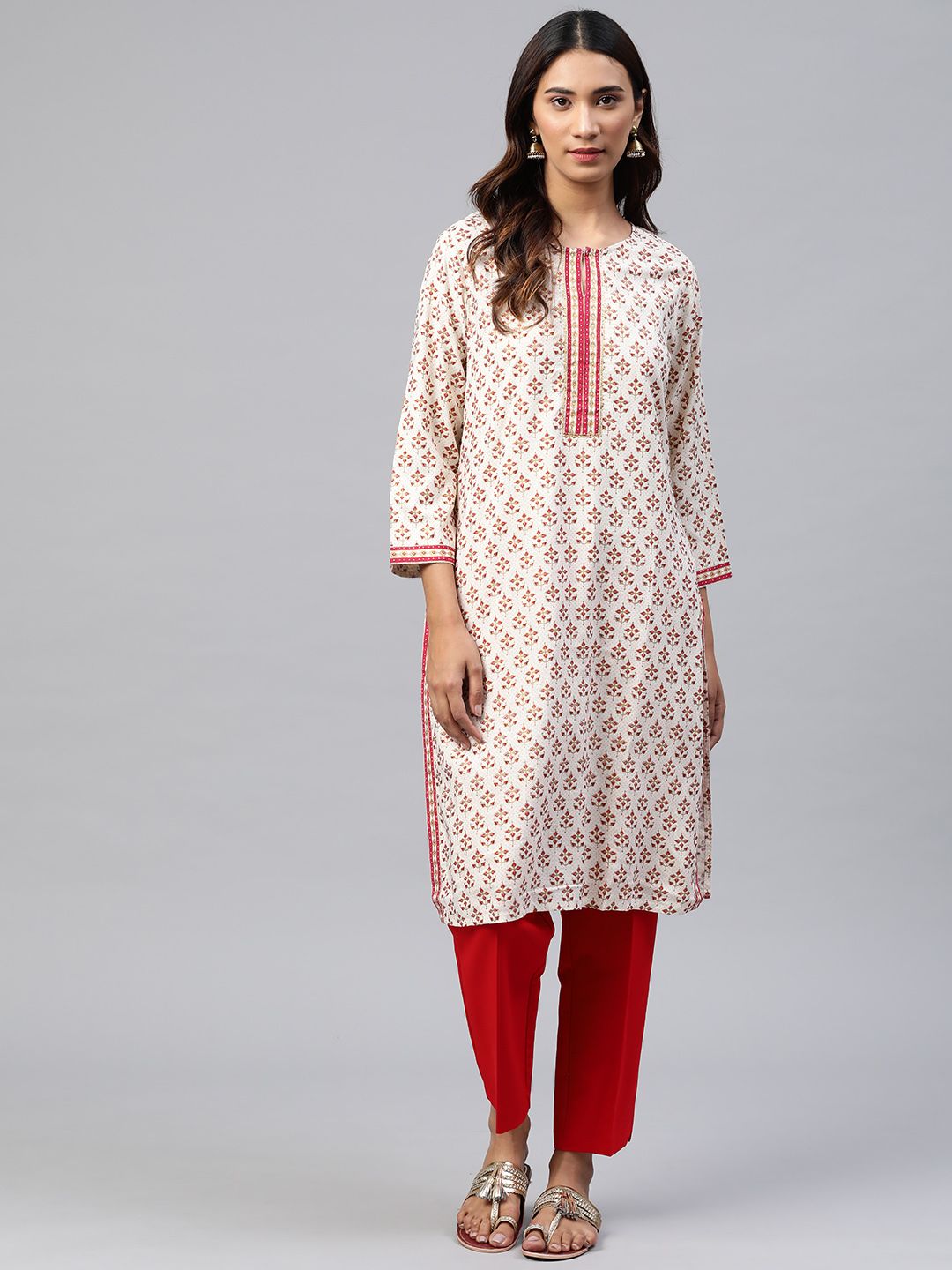 Global Desi Women Off White & Magenta Ethnic Print Ecovero Keyhole Neck Sequins Kurta