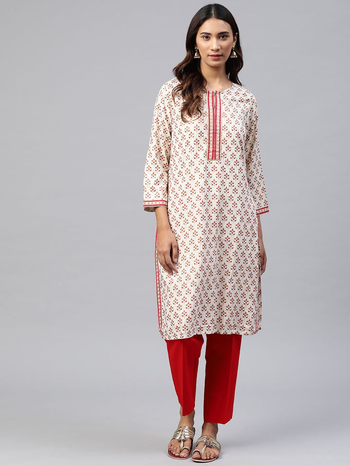 Global Desi Women Off White & Magenta Ethnic Print Ecovero Keyhole Neck Sequins Kurta