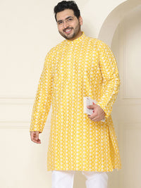 SOJANYA PLUS Lelaki Sawi Kuning & Putih Chikankari Sulam Kurta