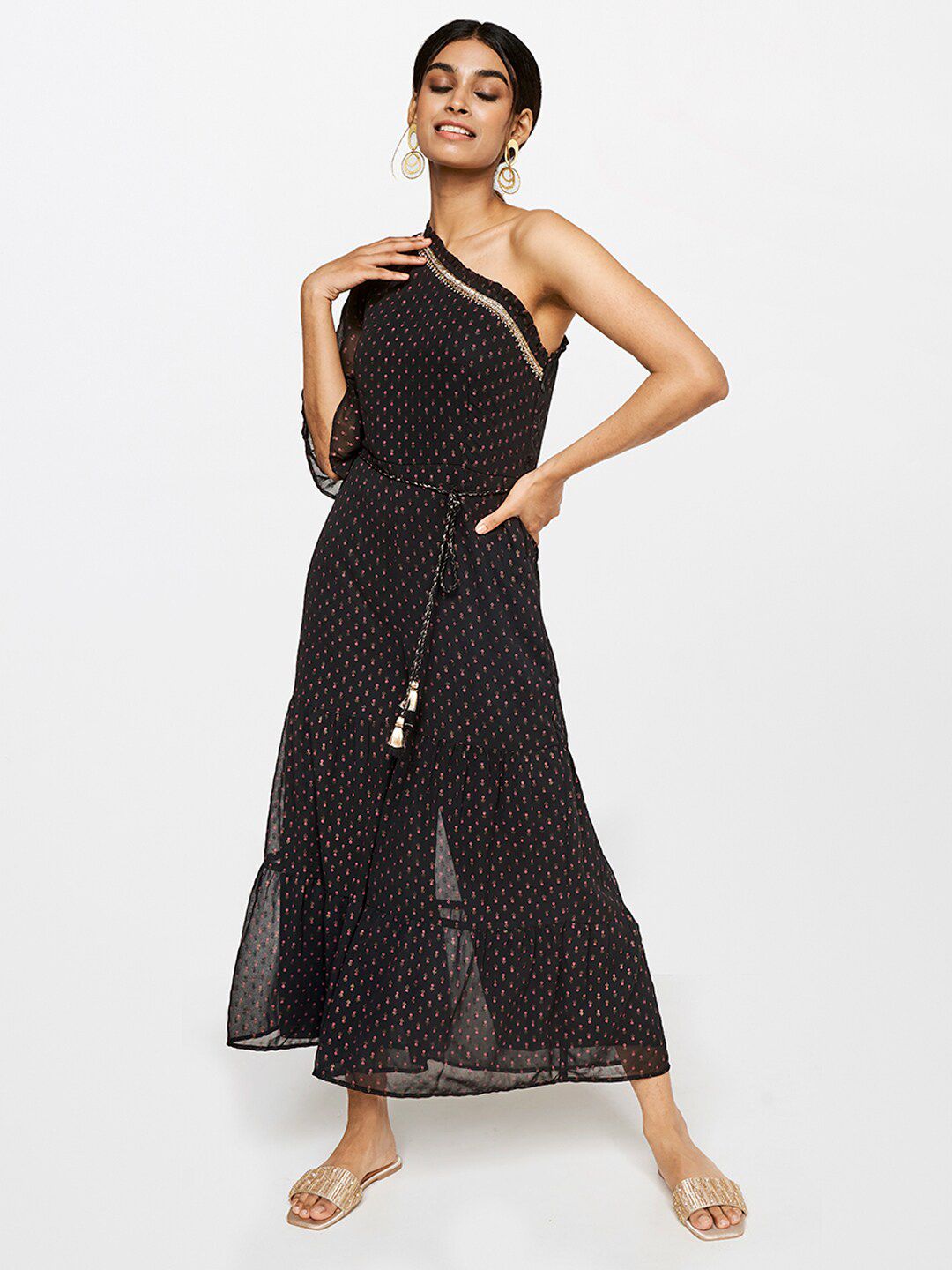 Global Desi Black & Pink Off-Shoulder Printed Jumpsuit