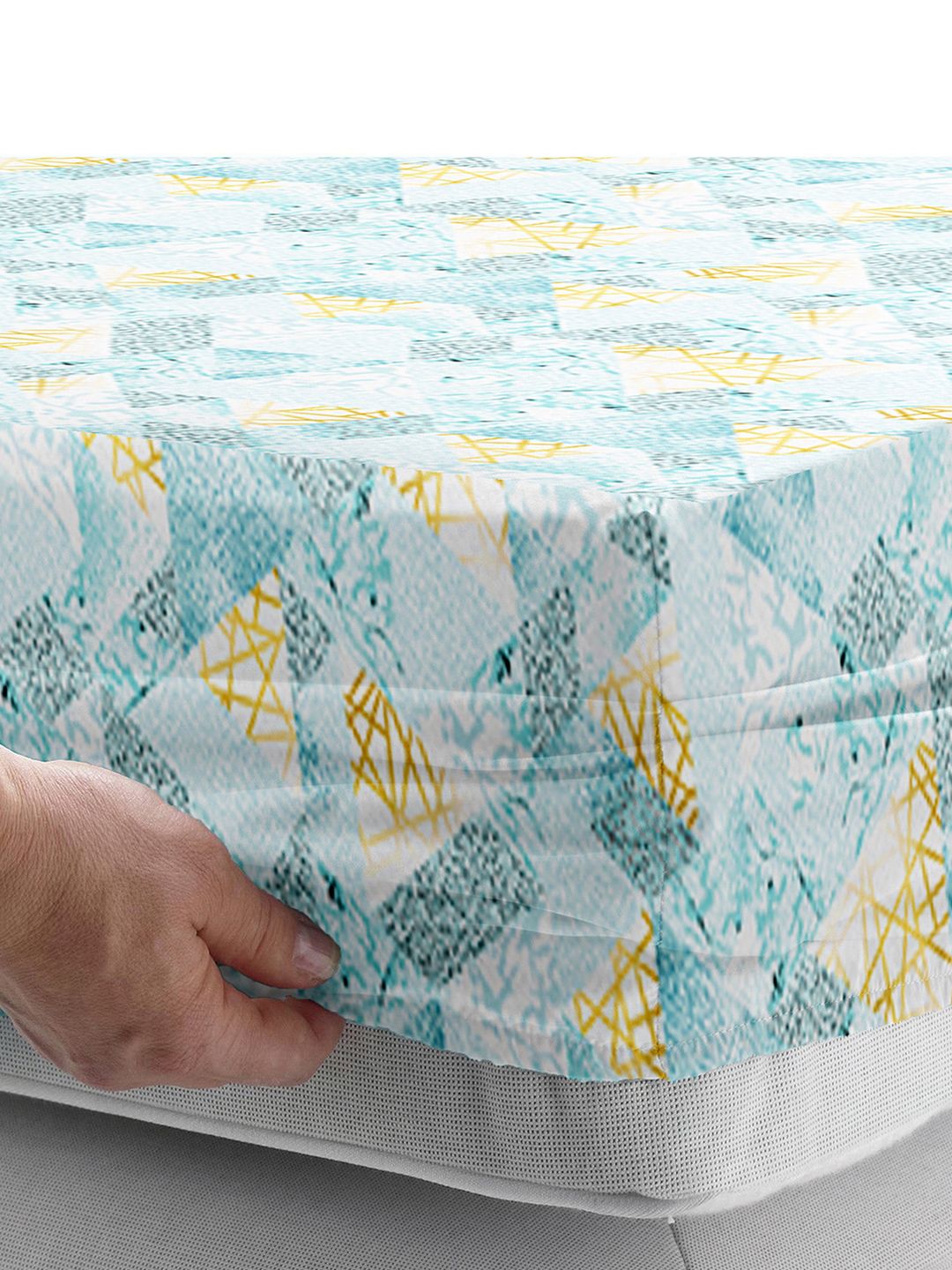 Story@home Aqua Blue 180 TC Abstract Queen Fitted Bedsheet With 2 Pillow Covers