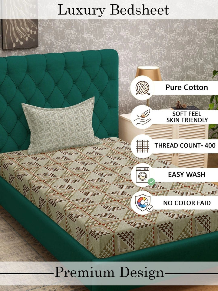 Myntra Elegant Homes Beige Geometric 400 TC Cadar Tempat Tidur Single dengan 1 Sarung Bantal