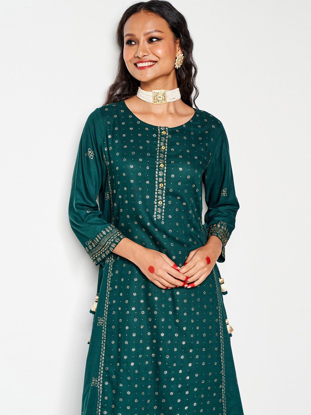 Global Desi Round Neck Long Sleeves Ethnic Rayon A Line Kurta