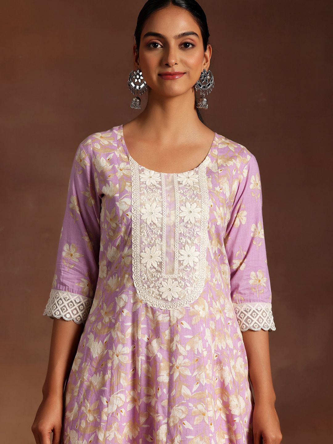 Libas Floral Printed Panelled Thread Work Pure Cotton A-Line Kurta With Trousers & Dupatta