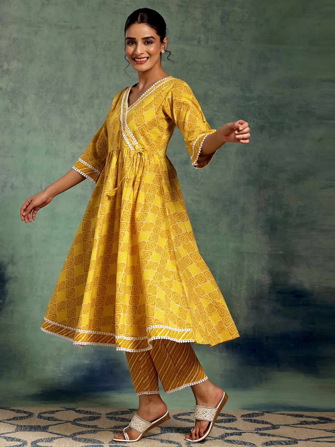Libas Bandhani Printed Angrakha Pure Cotton Kurta with Palazzos & Dupatta