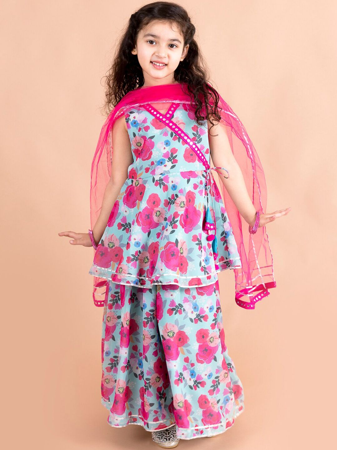 pspeaches Girls Angrakha Gotta Patti Pure Cotton Kurti with Palazzos & With Dupatta