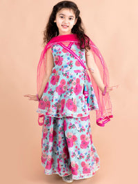 pspeaches Girls Angrakha Gotta Patti Pure Cotton Kurti with Palazzos & With Dupatta